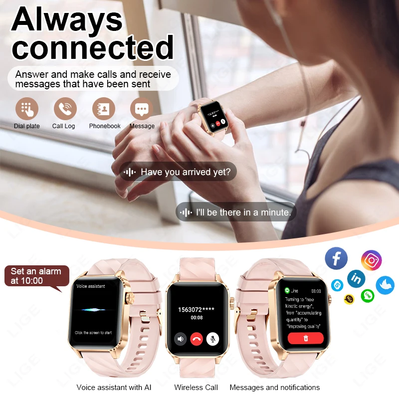 LIGE New 1.85” HD Fashion Smart Watch Women Bluetooth Call Sport Man Bracelet Fitness Health Monitor Ladies Smartwatch For Women