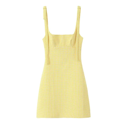 Imagen 2 del producto Nuevo vestido a cuadros para mujer, elegante vestido de fiesta a cuadros amarillo con tirantes y lazo, vestidos cortos informales sexis ajustados para verano