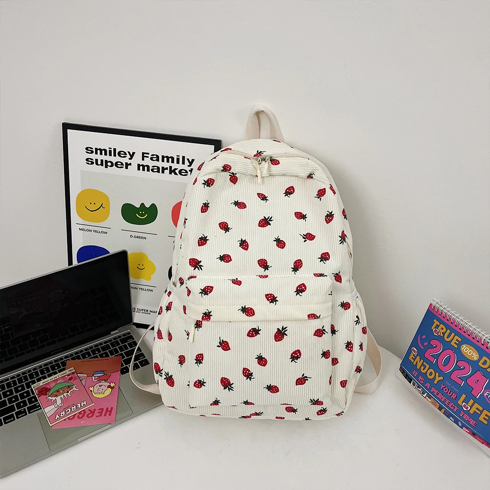 Corduroy Strawberry Backpack Daily Rucksack Large Capacity Trendy Book Bag Multi-pockets Adjustable Strap for Outdoor Travel