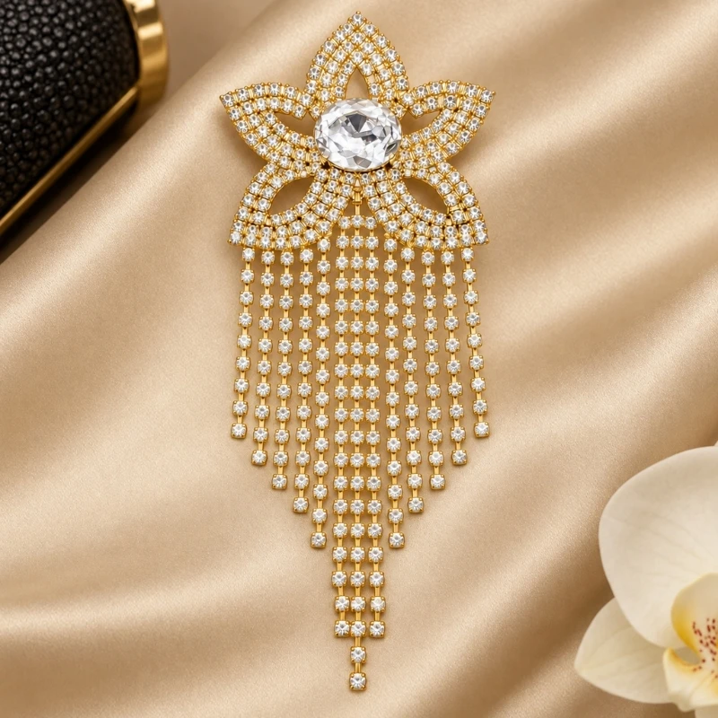 Rhinestones-Look Shoulder Brooch with Cascading Strands and Pin-Back Fastening for Dresses, Blazers, Coats, and Wraps 24BB