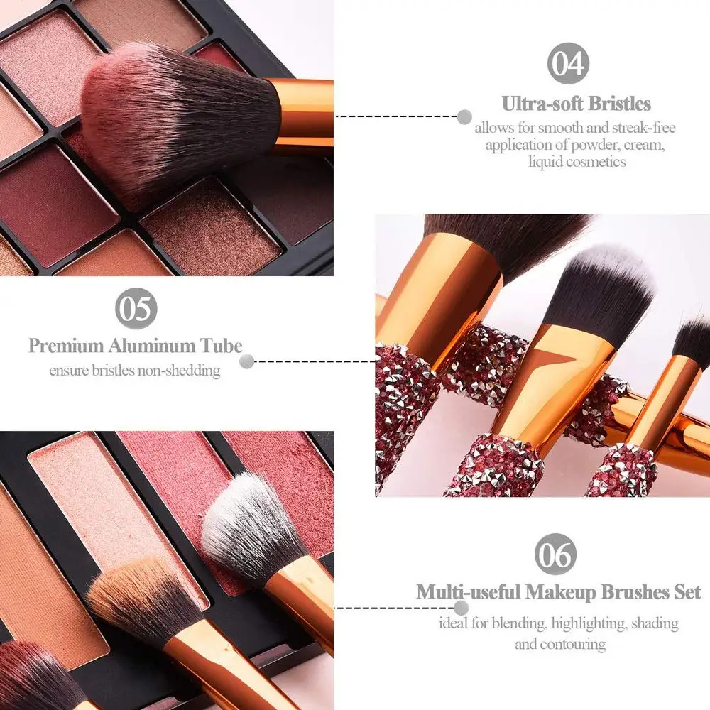 ชุดแปรงแต่งหน้าทำมือแบบกำหนดเอง ประดับเพชร 10 in 1 สีชมพู