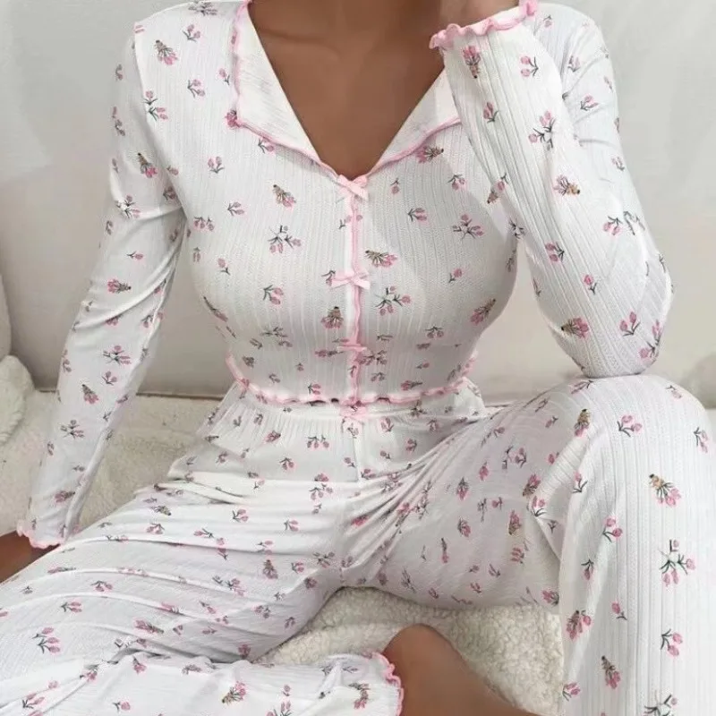 Women\'s Sleepwear Suit Vintage Floral Print  Lettuce Trim Top with Pant Loungewear Full Sleeve Casual Nightwear Pajamas Set