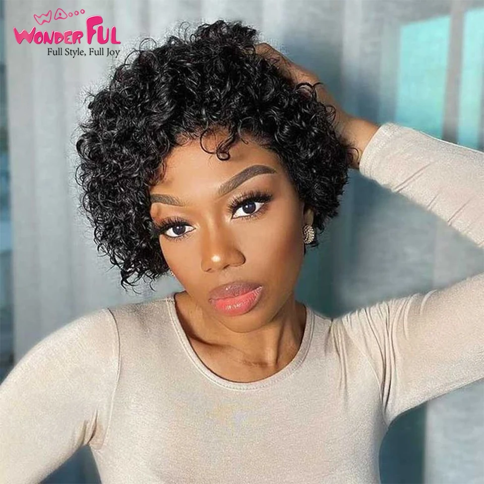 Short Wonderful  Brazilian Jerry Curl 1B# Human Hair Wig With Bang  Brown Color For Black Women Kinky Curly Nature Remy Hair Wig