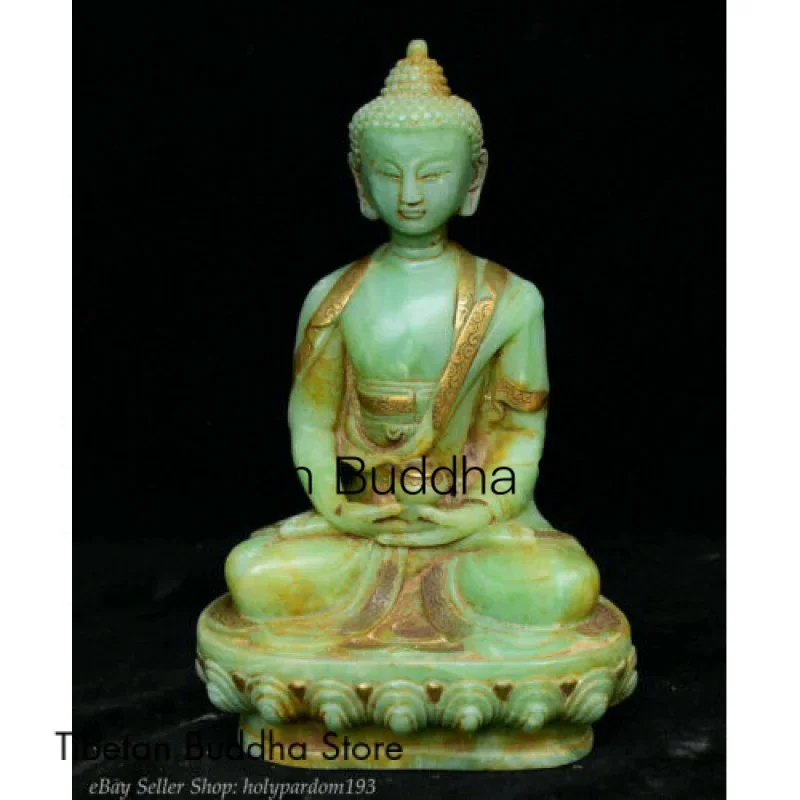 

8" Chinese Natural Old Green Jade Jadetie Shakyamuni Amitabha Buddha Sculpture