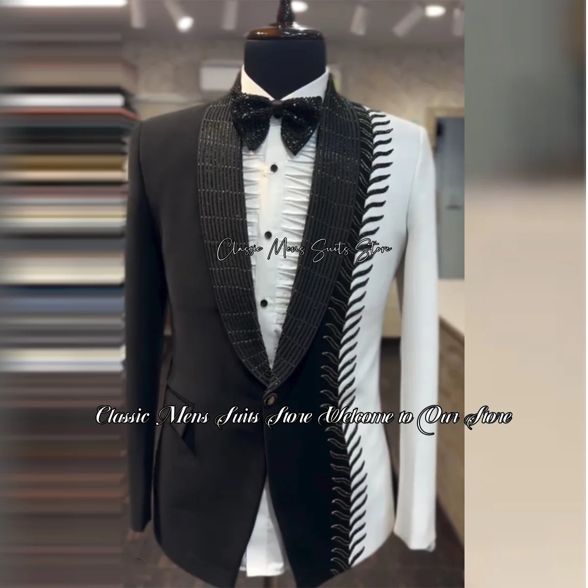 

Luxury Beaded Crystals Groom Tuxedos Formal Men Suits For Wedding 2 Pieces Sets Male Dinner Prom Blazers Party Costume Homme