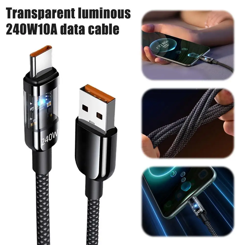 Transparent 240W USB C Super Fast Charging Cable Type C Charger Cord Phone Charger Cable for iPhone 16 15 Pro Max S24