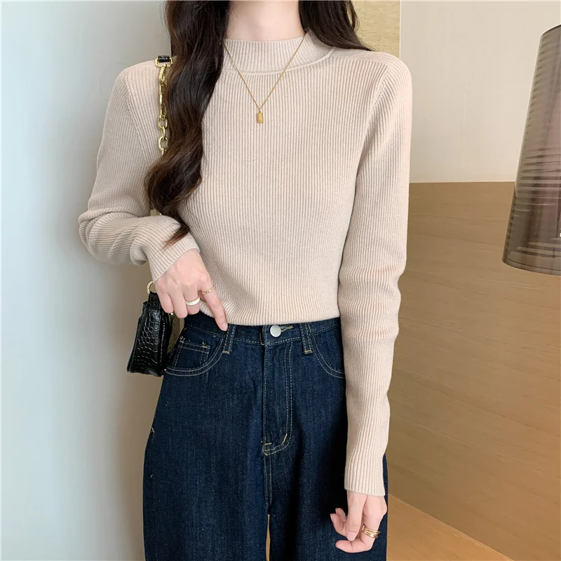 Slanke Mock Hals Gebreide Trui Vrouwen Truien Nieuwe Lange Mouw Gebreide Trui Trui Vrouwen Tops Sueter Feminino Knitwears Q1725