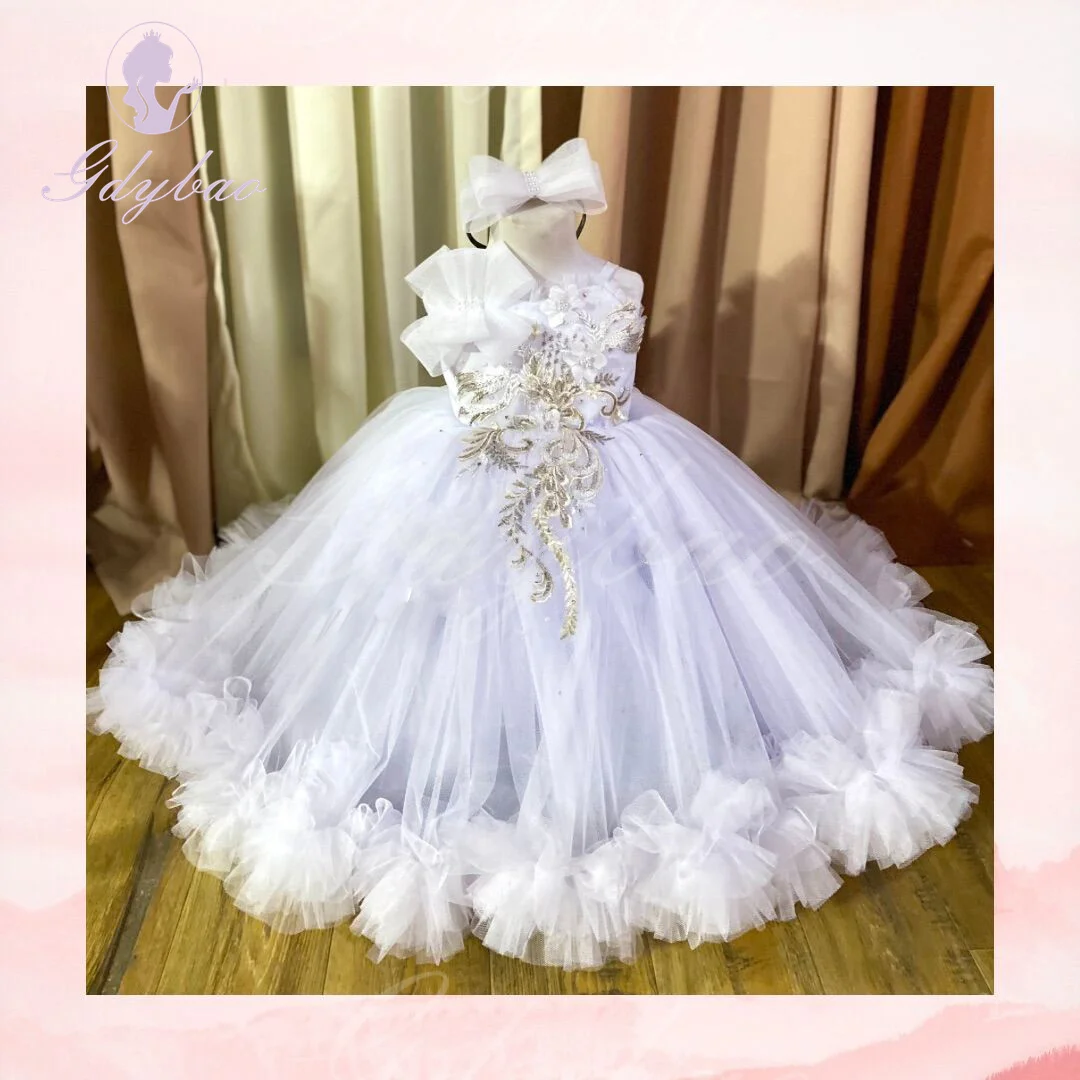 Cute Purple Tulle Flower Girl Dress For Wedding Pleated Puffy Sleeveless With Bow Kids Baby Birthday First Communion Ball Gowns