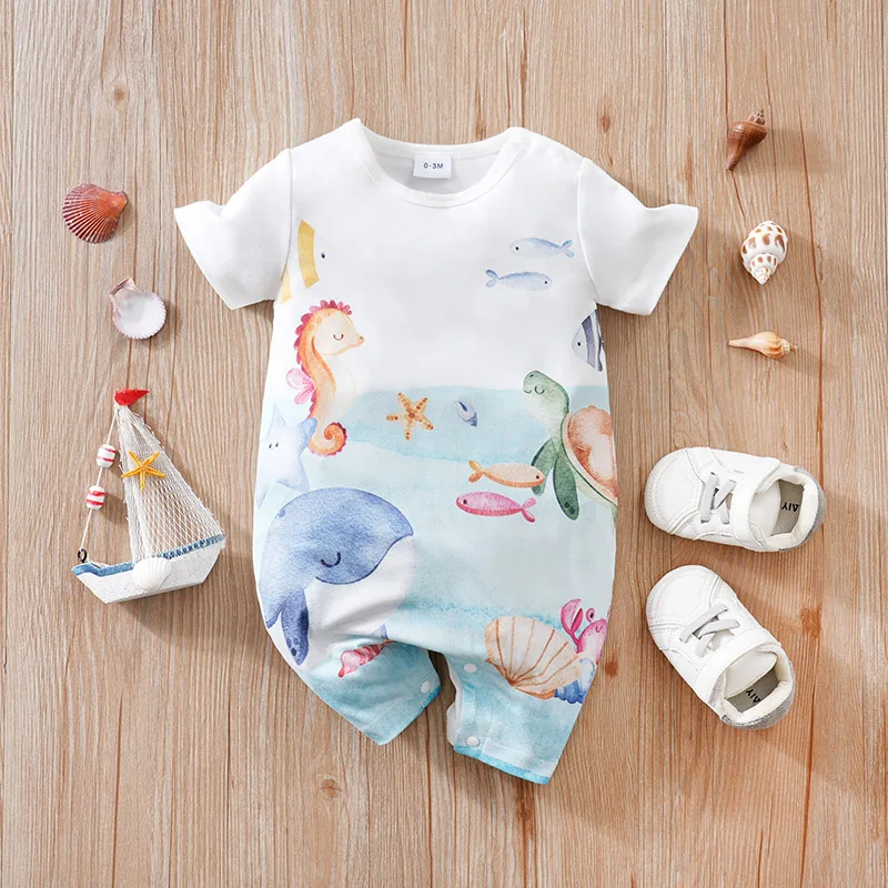 

Newborn Clothing Cute Cartoon Marine Animal Print Comfortable And Soft 0-18 Boys And Girls Summer Short Sleeved Baby Jumpsuit