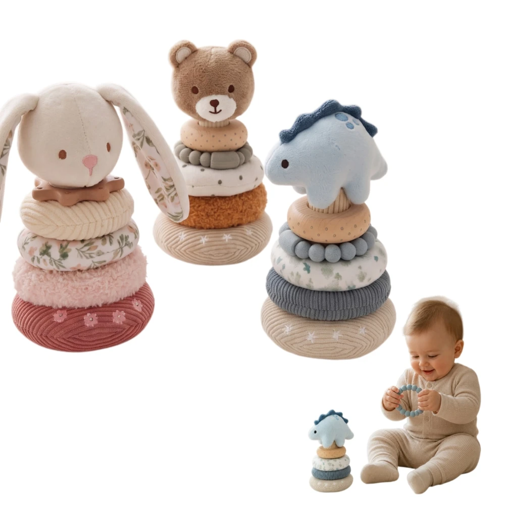 Montessori Baby Stacking Rings Toy Cotton Bunny Silicone Teether Wooden Ring Rattle Rainstick Sound Sensory Toys Gift for 0-12 M