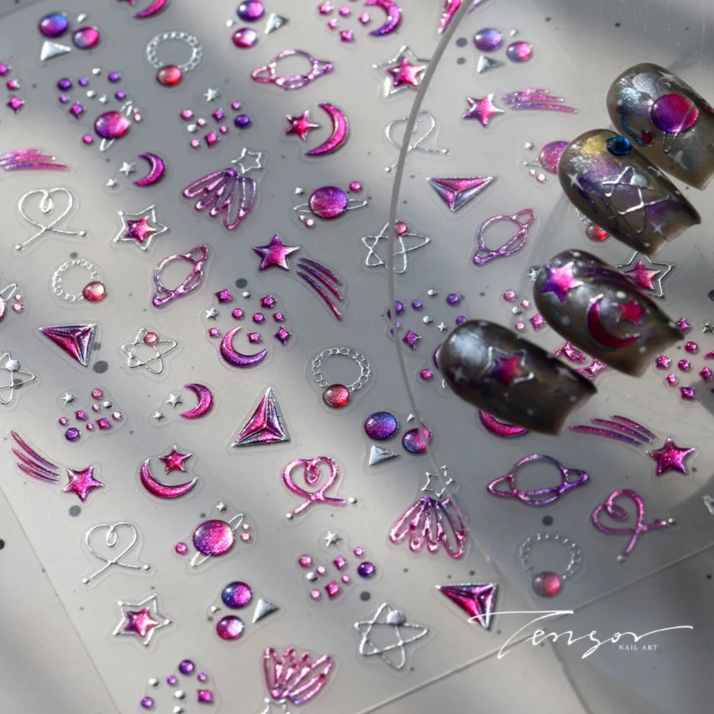 1PCS 5D 엠보싱 별 달 행성 네일 스티커 보라색 별빛 하늘 추상 네일 아트 데칼 셀프 접착 드림리 매니큐어 슬라이더