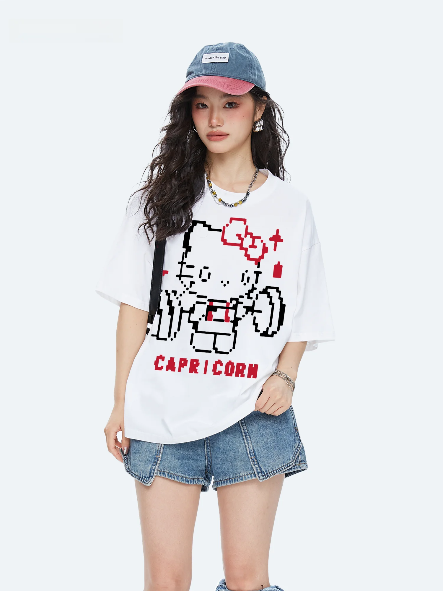 

Женская футболка Capricorn Retro Pixel из чистого хлопка с коротким рукавом, летняя новинка, свободный крой, повседневный стиль, с принтом