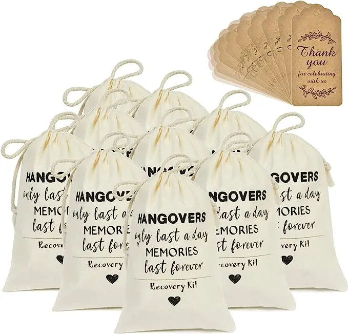 

20pcs Favors Bachelorette Party Favor Hangover Kit Bags(4'' x 6'') and Gift Tags Hangovers Bag Cotton Drawstring Wedding Welcome