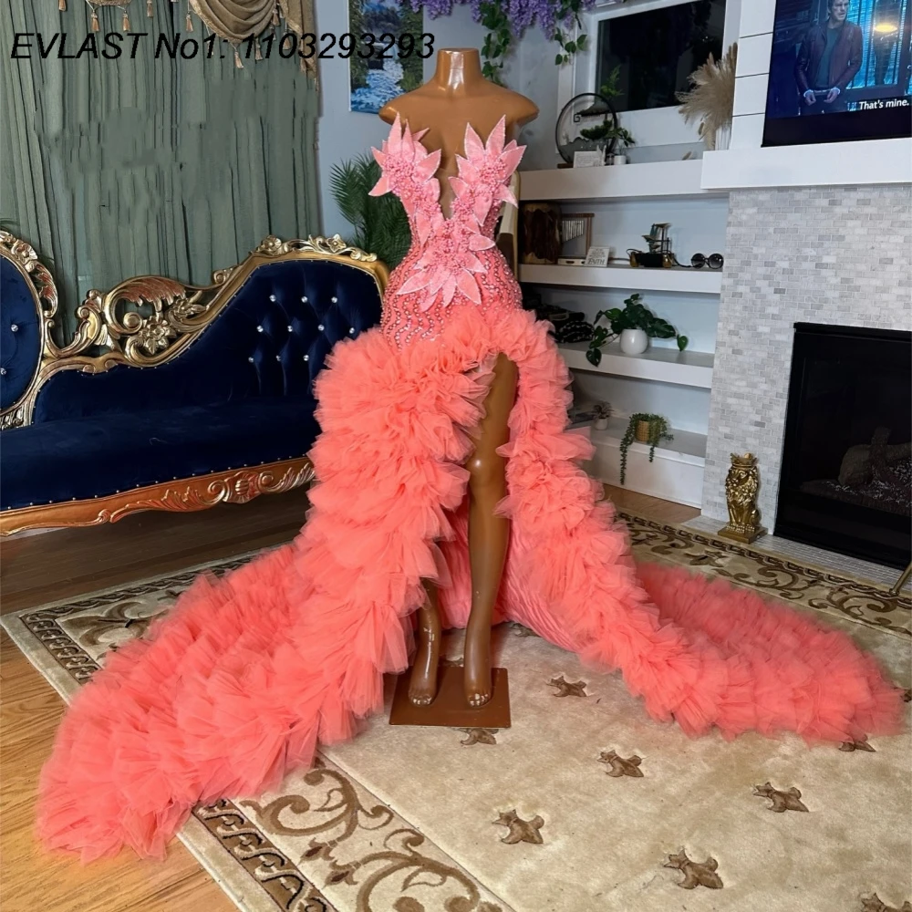 

EVLAST Customized Luxury Pink Ruffles Mermaid Prom Dress Aso Ebi Floral Crystal Beaded Black Girls Slit Party Gala Gown FP56