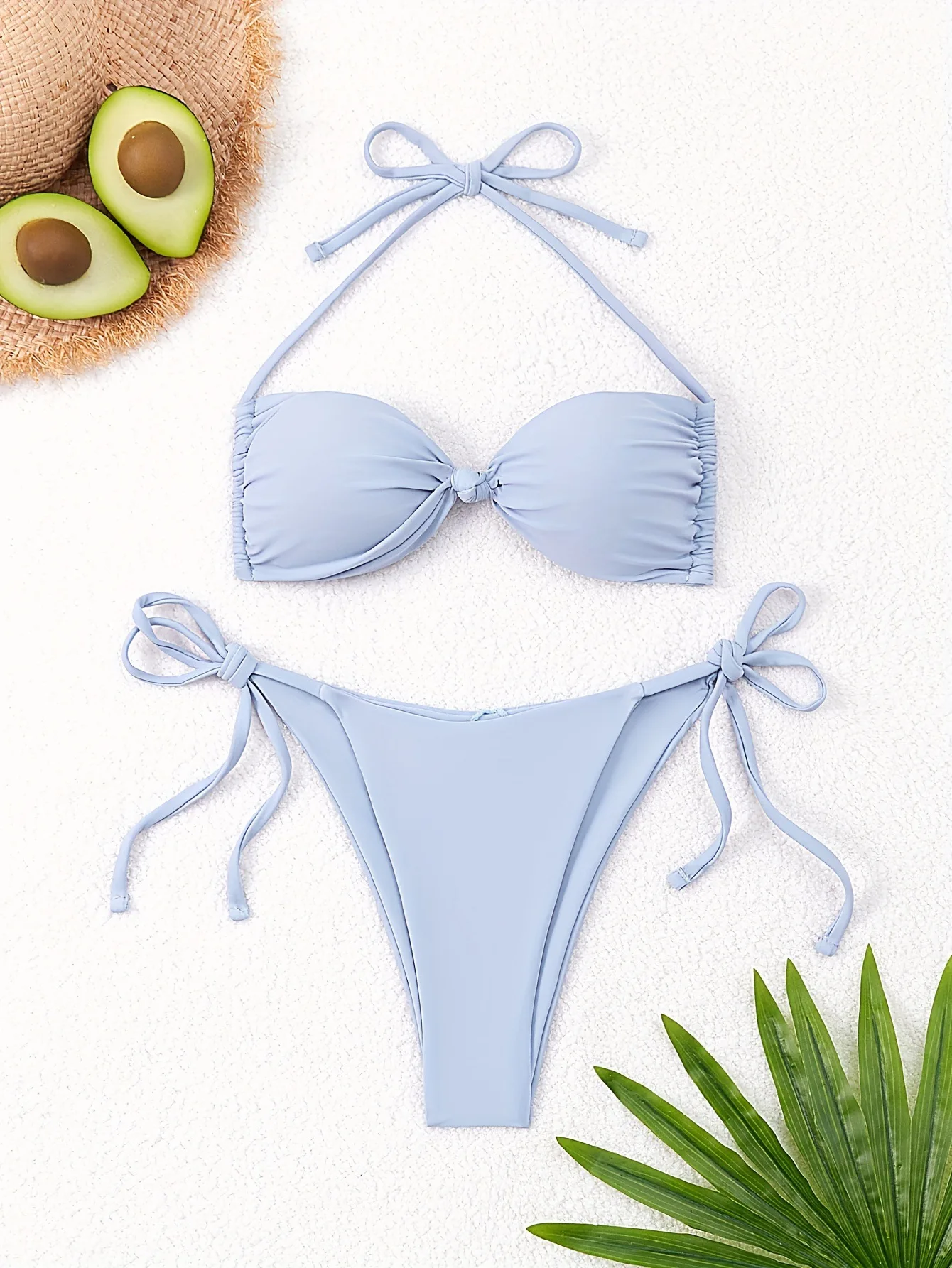sexy light blue bandeau knot bikinis sets two pieces tie halter string swimsuit bathing suit beach outfits biquini tankini