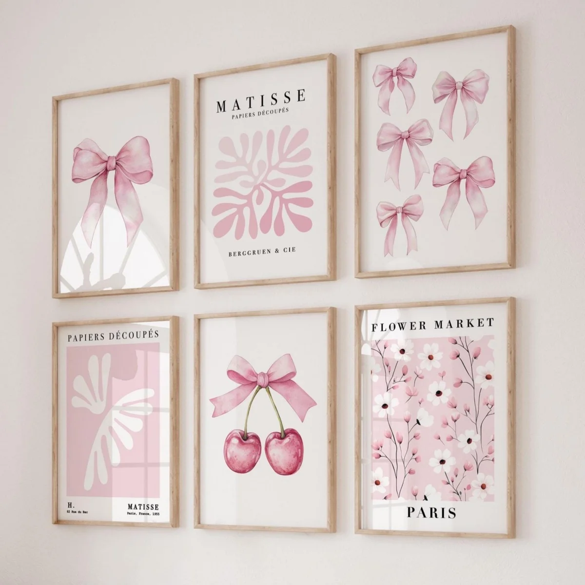 1/6pcs Matisse Pink Bows Flower Market Canvas Prints Poster Coquette Preppy Art Prints Dorm Room Bedroom Wall Art Home Decor