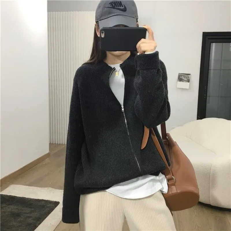 Fashion casual zipper cashmere cardigan women autumn winter half high round neck sweater loose knit lazy wool coat