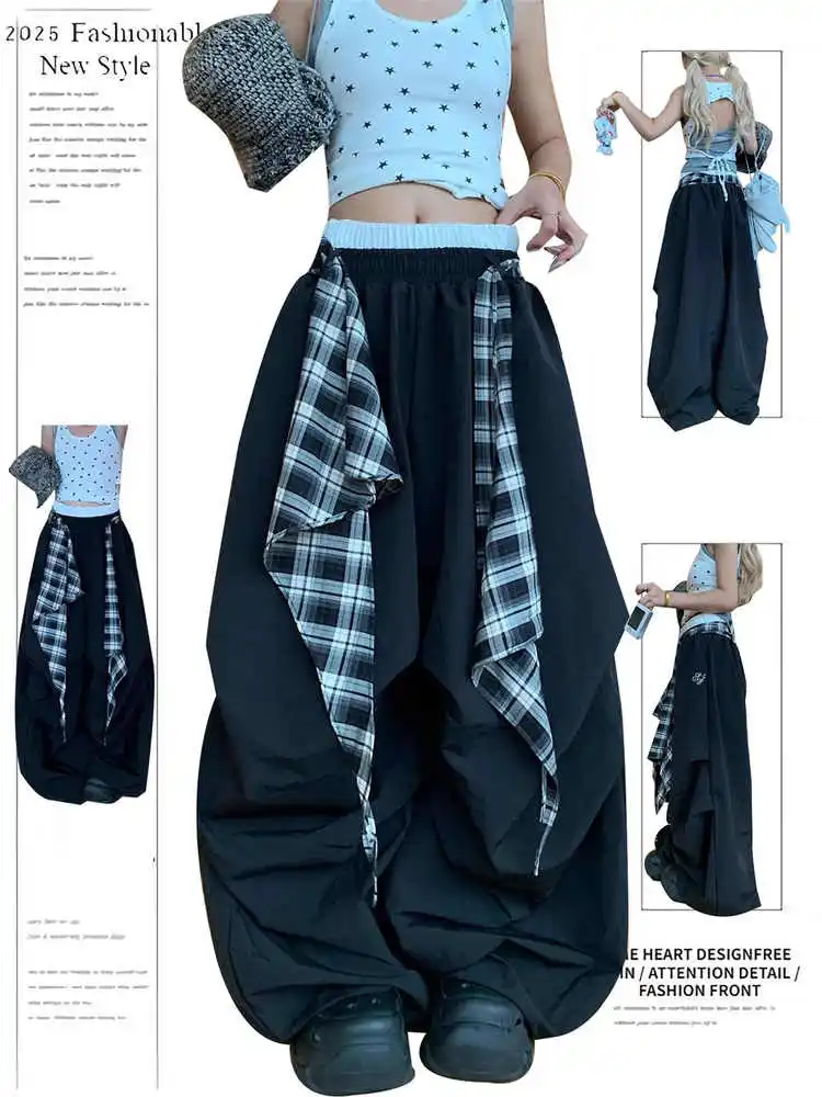 

Women Black Gothic Parachute Pants Baggy Oversize Lace-up Long Pants Harajuku Japanese 2000s Style Y2k Vintage Trousers Clothes