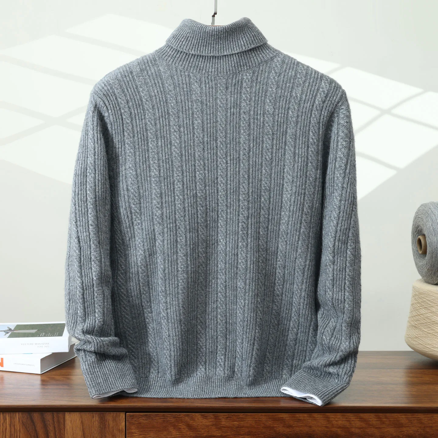 Men'sHigh Collar Twisted Flower Pullover Sweater 100% Cashmere Knitted Sweater Casual Loose Clothes Autumn Winter Warm Tops