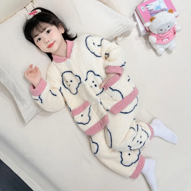 

Новинка 2025, пижамы из кораллового флиса для девочек, утепленная фланель, зимний комплект детской домашней одежды