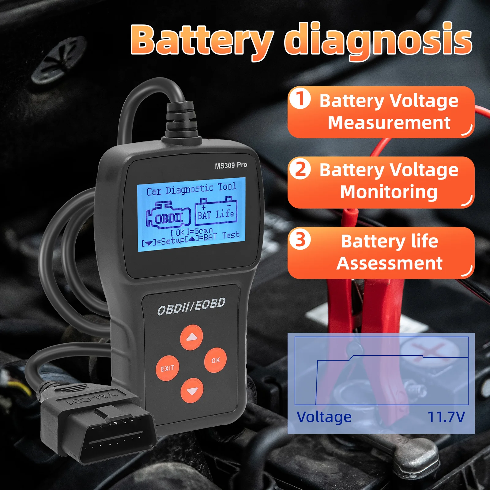 

Сканер OBD2 для диагностики автомобиля, тестер автомобильных аккумуляторов, анализатор батарей, диагностический инструмент с функцией автоматического сканирования, многоязычный сканер OBD2.