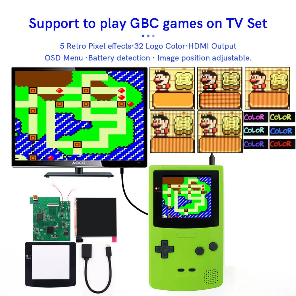 720P HDMI Output GBC Q5 IPS Screen Backlight Kits w/Pre-cut Shell Bilut-in OSD Menu For GameBoy Color Console