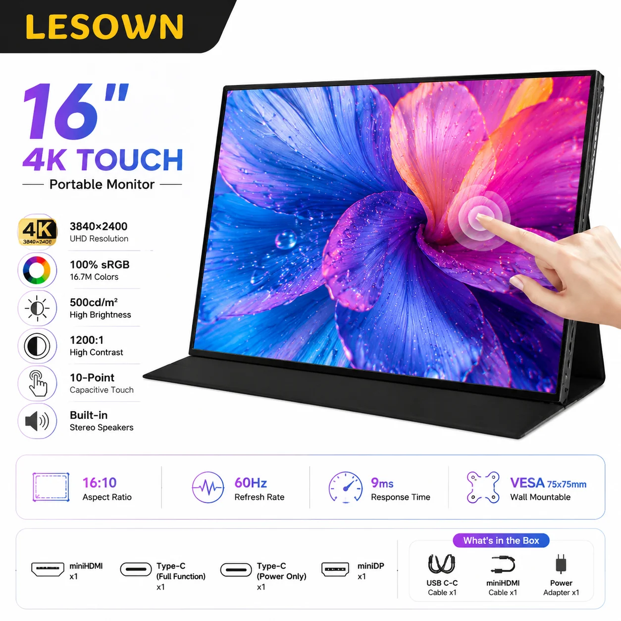

LESOWN 16" Portable Touchscreen 4K UHD Mobile Monitor Plug & Play Extended Screen for Remote Work