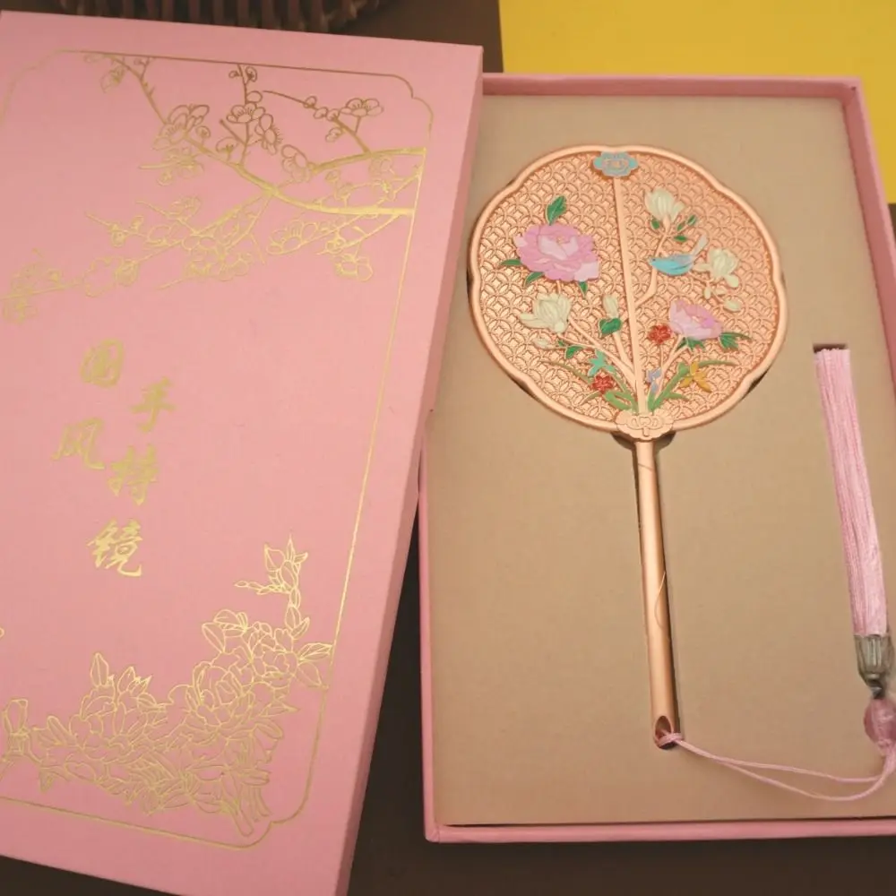 Retro Vintage Chinesischen Stil Spiegel Exquisite 3D Blume Griff Make-Up Spiegel Quaste Süße Runde Eitelkeit Spiegel Make-Up