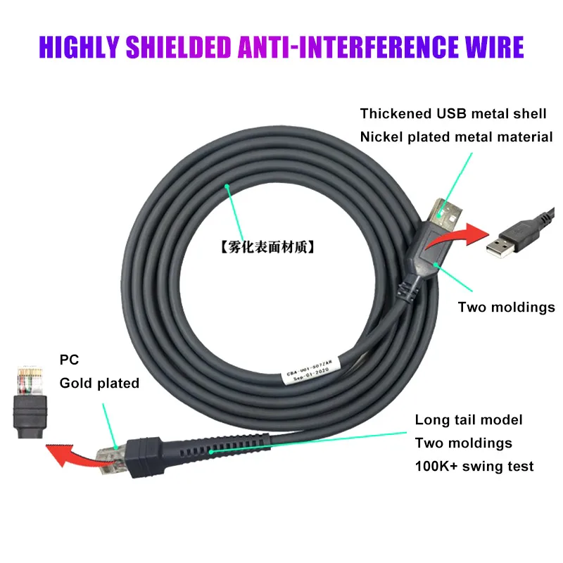 2M USB to RJ45 Date Conversion Cable for Symbol LS2208 DS4208 1203 4008 Scan Barcode Gun 10P10C High Shielding RJ45 Data Cable