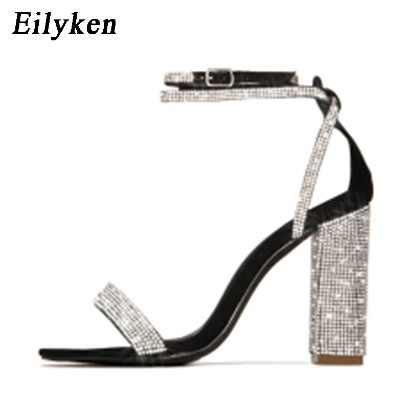 Eilyken Fashion Design Crystal Women Sandals Square Heel Peep Toe Buckle Strap Wedding Ladies Shoes Zapatos De Mujer