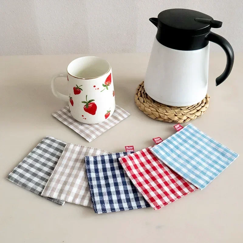 

Fabric Square Coasters Double Lattice Heat Preservation Placemat Pure Cotton Insulated Coaster Table Decoration and Accessorie