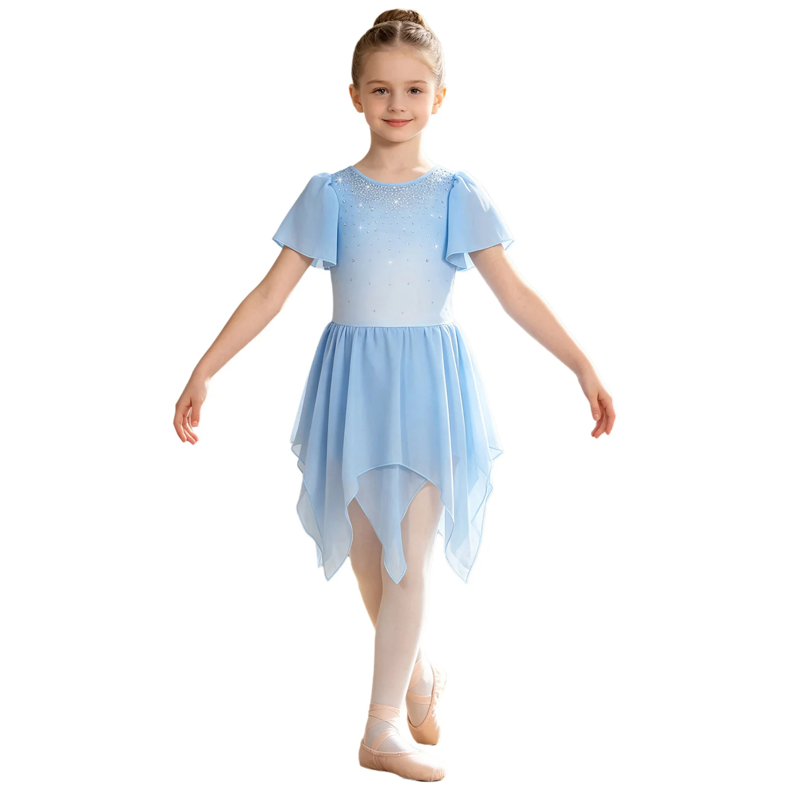 Kids Girls Rhinestone Ballet Dress Layered Ruffled Asymmetrical Hem Skating Dress for Dance Party Stage Performance Competition 5