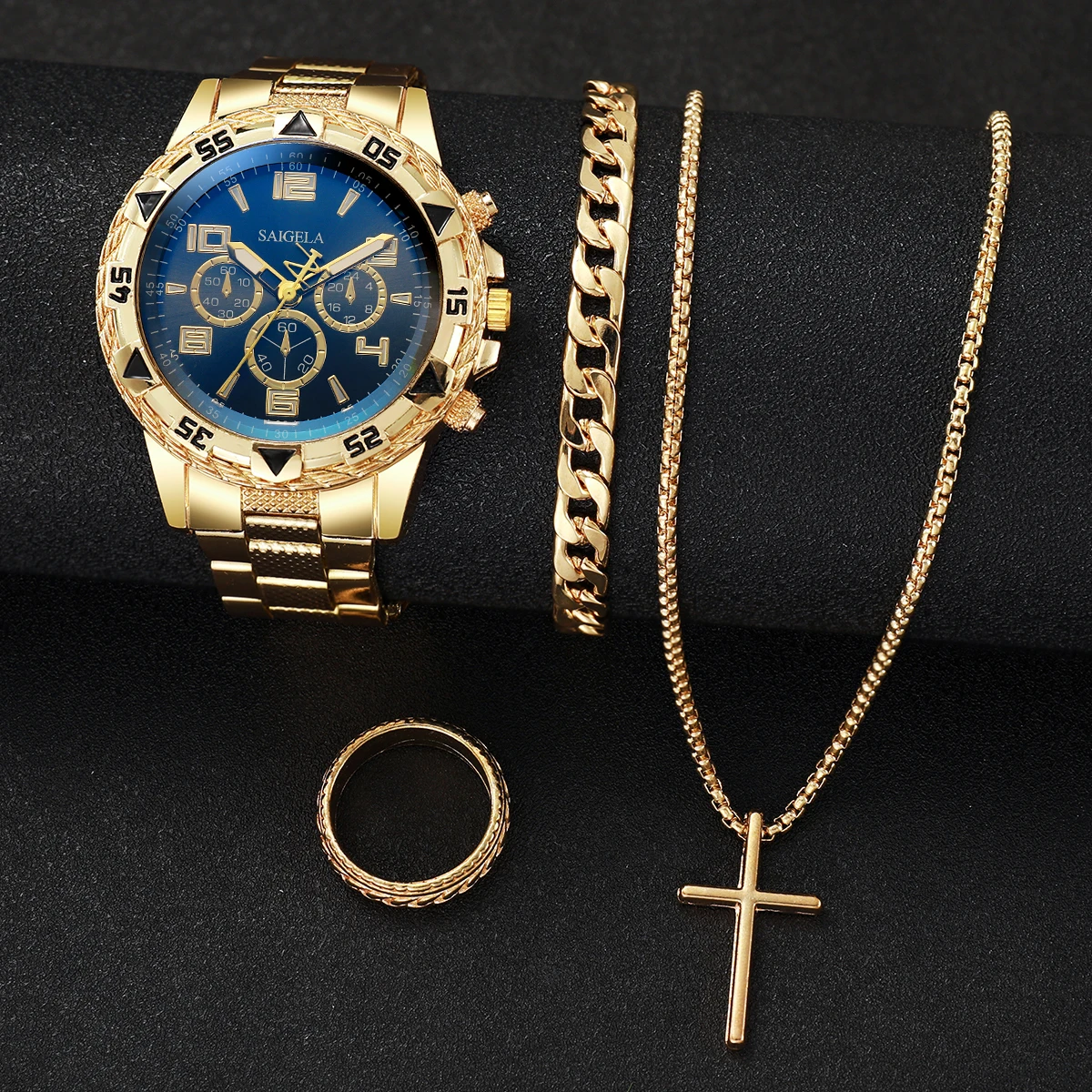 4PCS/Set Men\'s Watch Fashion Gold Steel Band Analog Male Quartz Watches Jewelry Set(Without Box)