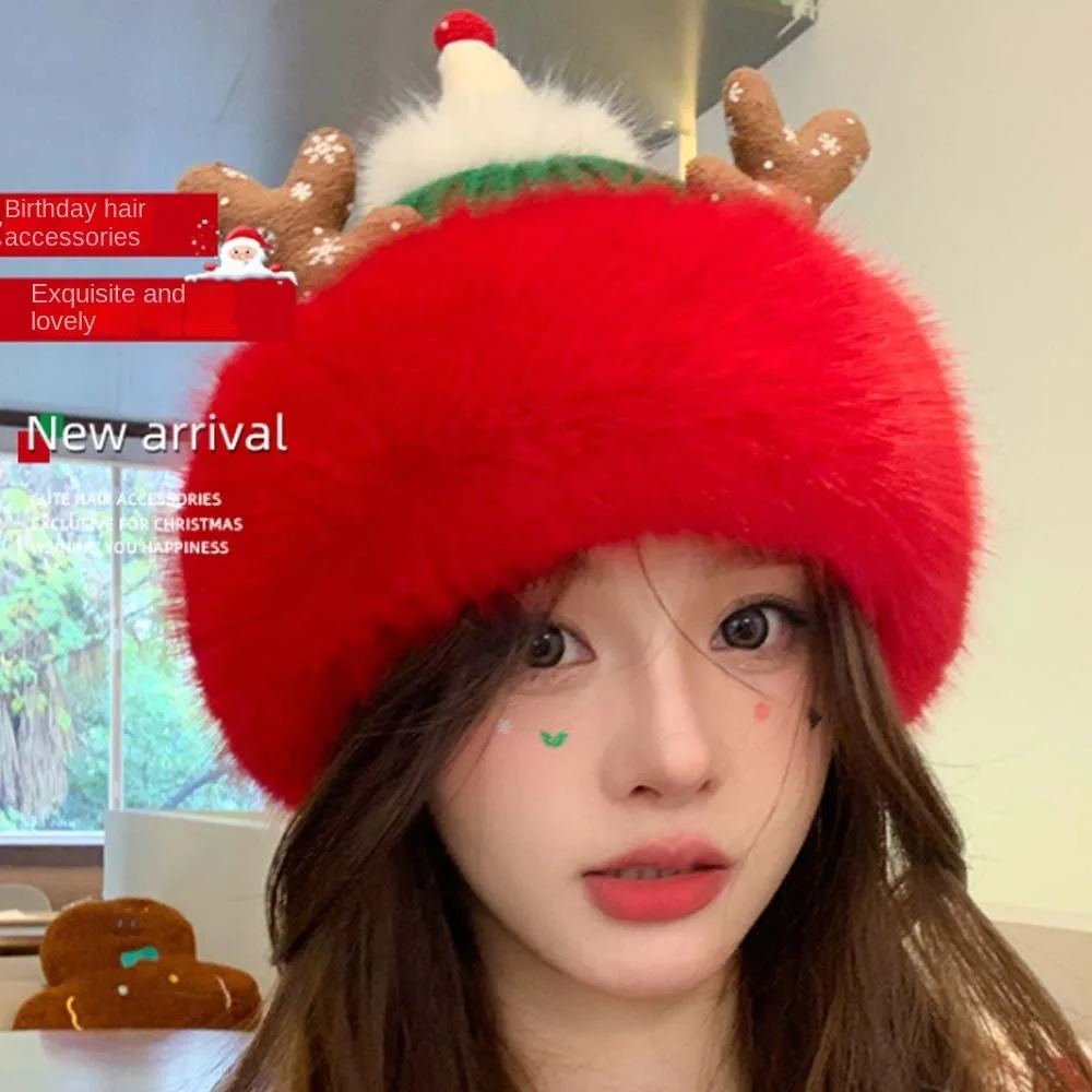 Versatile Soft Christmas Plush Cap Antlers Plush Red Knitted Woolen Hat Big Eyes Windproof Thickened Brimless Cap Keep Warm