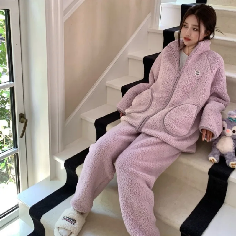 Winter Warm Coral Fleece Women Pajamas Set Thickened Flannel Long Sleeve High Collar Trouser Pijamas Suit Loose Flannel Homewear