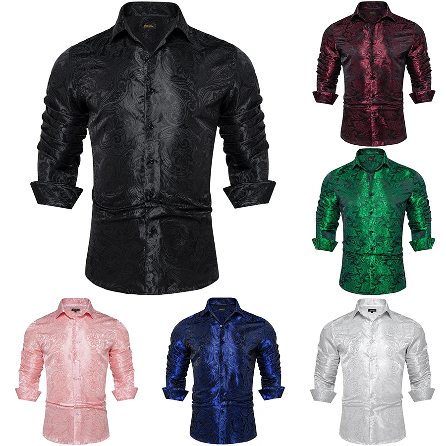 Black Paisley Solid Men shirt Luxury Wedding Prom Long Sleeve Dress Shirts Blouse Green Blue Red Brand Men Clothing DiBanGu