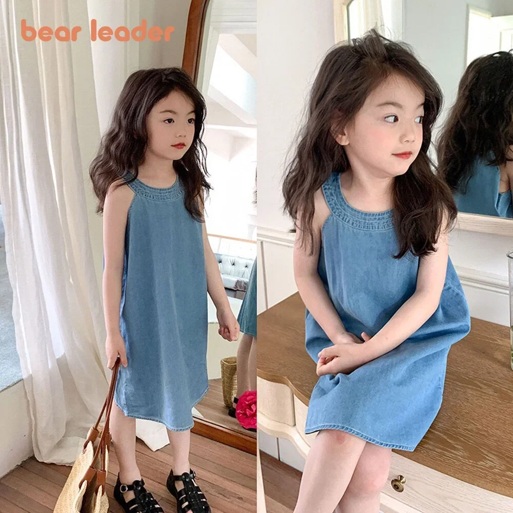 Bear Leader 3-7 Years Girls Dresses Sleeless Solid Color Denim Dress Blue Cowboy Baby Girls Korean Hanging Neck Dress