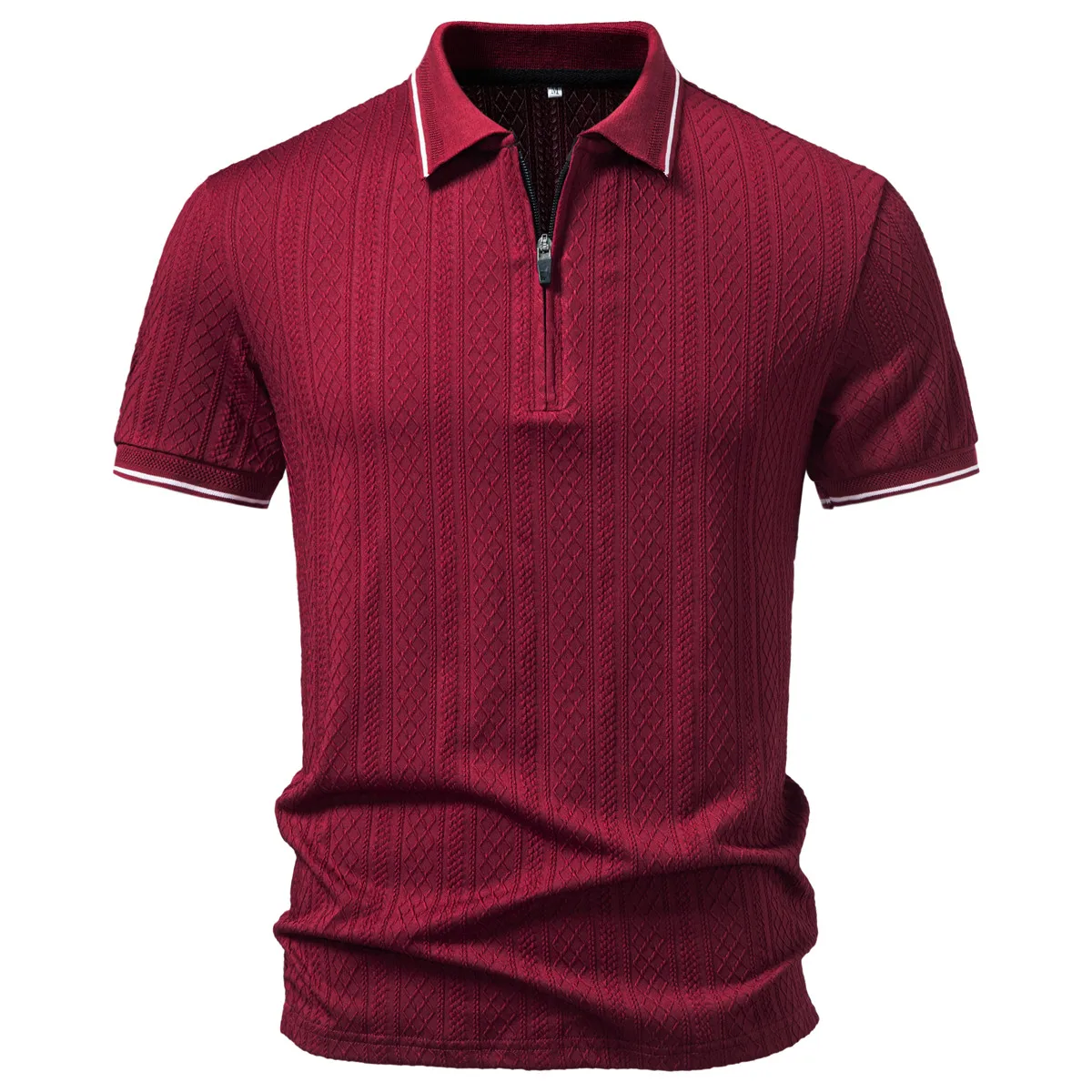 Men's Vintage Solid Color Polo Shirt Summer Jacquard Zipper Short Sleeve Breathable Textured Lapel Casual Fashion T-Shirt