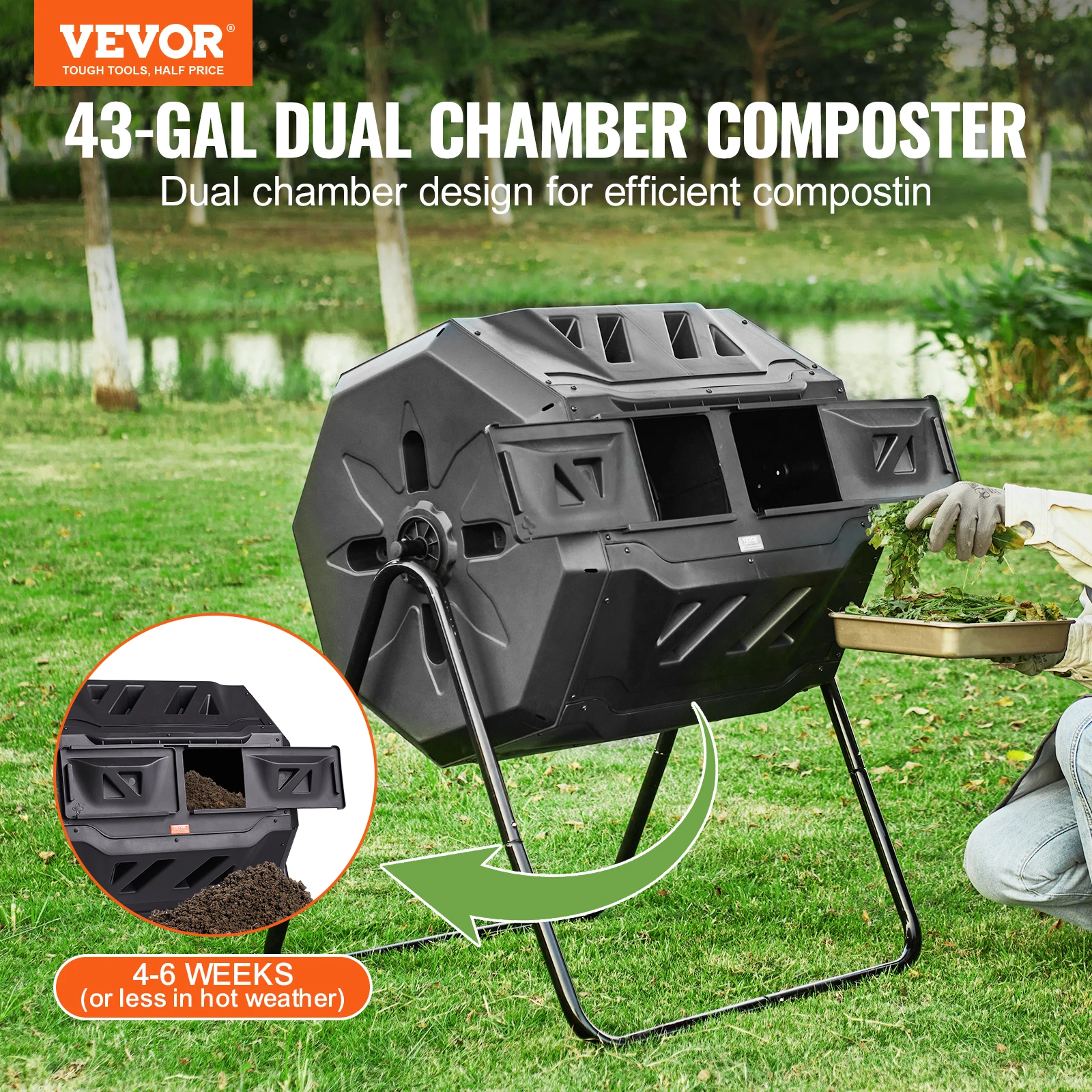 VEVOR Compost Bin 18.5/37/43-Gal Dual Chamber Composting Tumbler BPA Free Composter Bin Tumbler for Garden Kitchen Yard Outdoor