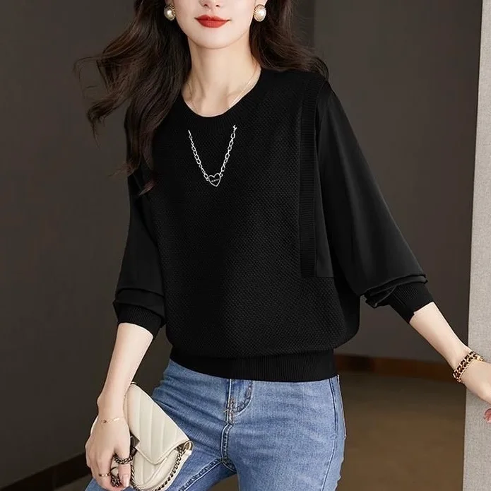 Spring Autumn New Round Neck Long Sleeve Fashion Sweater Women High Street Solid Color Pullovers Elegant Casual All-match Tops