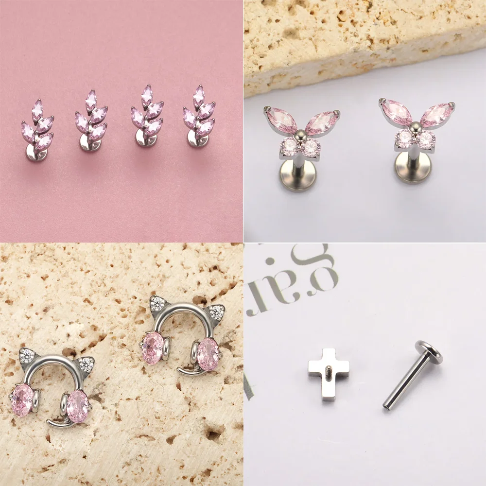 Hochwertiges Ohrstecker-Set aus F136-Titanlegierung mit rosa Zirkonia, modischer Knorpel- und Lippenpiercing-Schmuck für Männer und Frauen – Detail 7