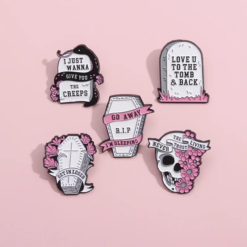 Halloween tengkorak merah muda gravestone Enamel pin bros pakaian ransel kerah lencana perhiasan aksesoris untuk unisex hadiah