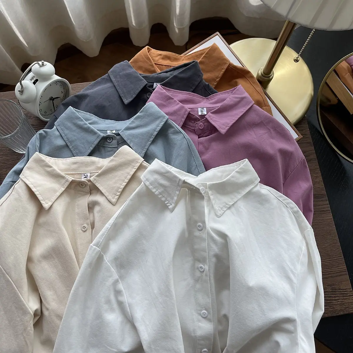 6 cores sólidas camisas femininas simples vintage all-match dentro topos solto novo outono coreano chique moda roupas básicas ins 2025