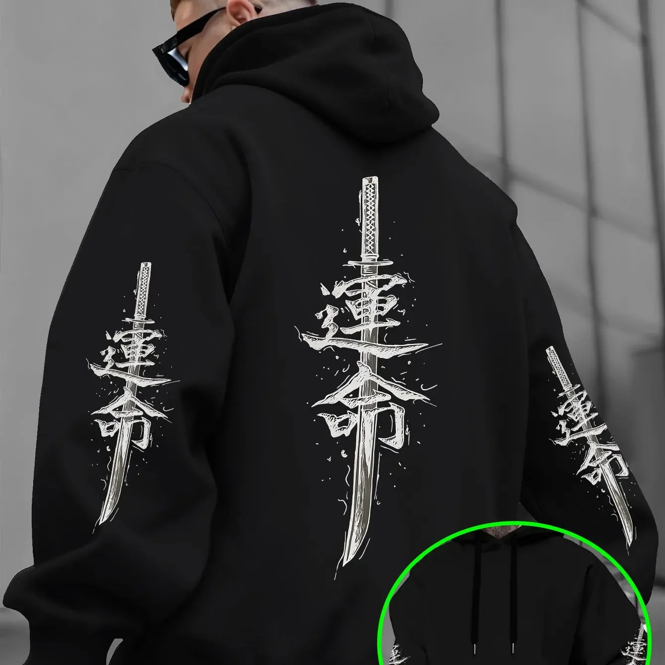 Oversized Men Pullover Hoodie Full Sleeve & Back Ink Kanji Katana Vertical Sword Print Fall Winter Casual Sweatshirt