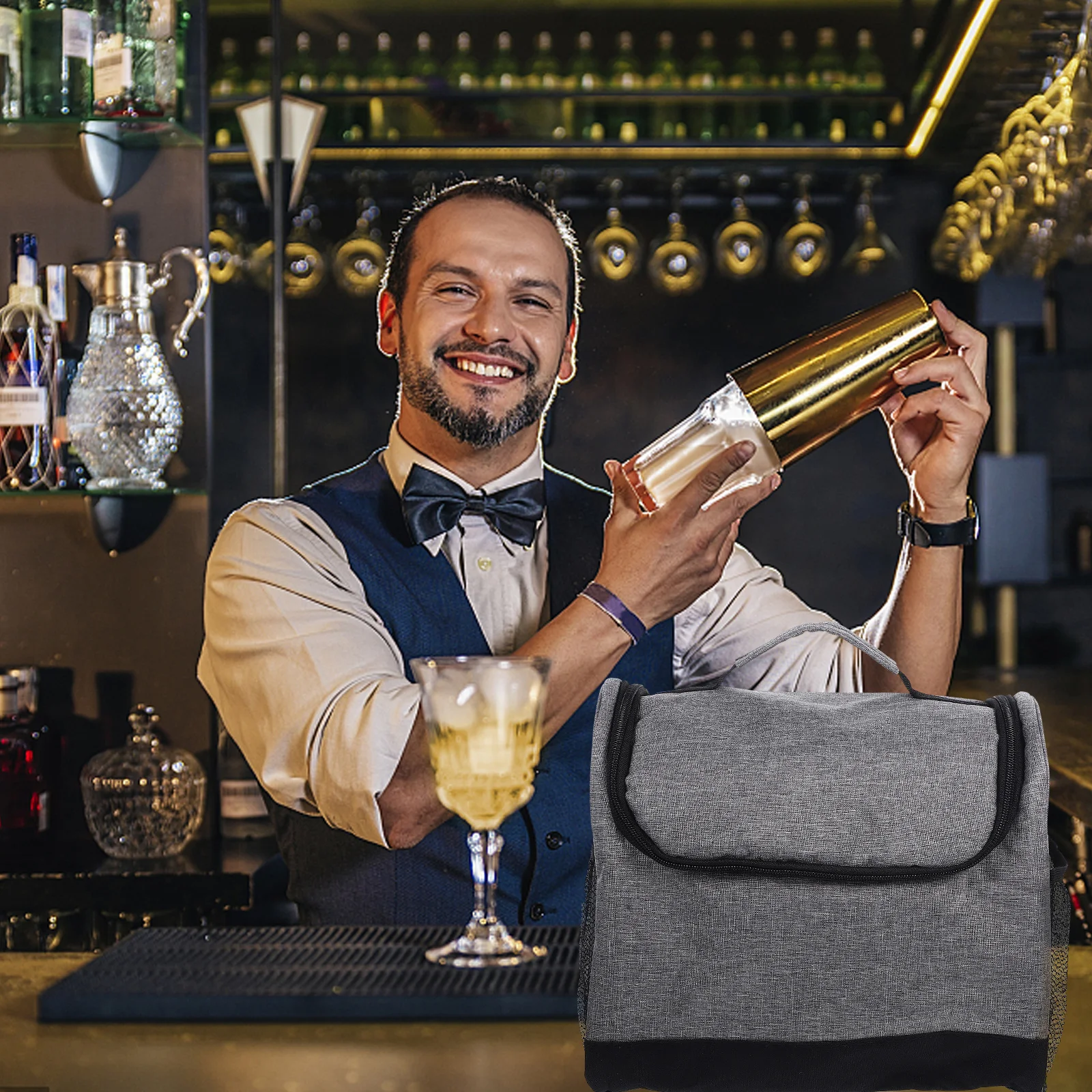 

Bartender Kit Travel Bag Portable Padded Compartment Storage for Bottles Bar Tools Lightweight Handle Indoor Outdoor