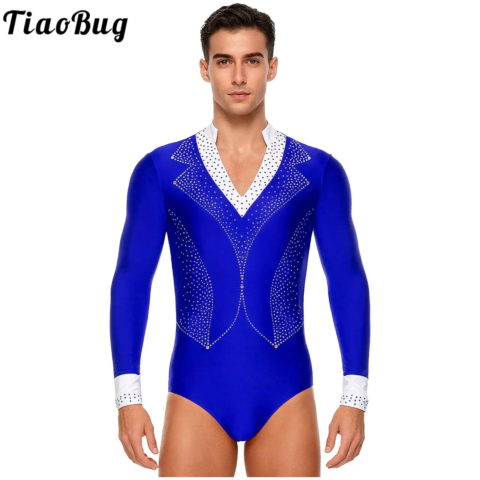 

Men Latin Tango Rumba Dance Bodysuit Shirts Gymnastics Leotard Figure Skating Rhinestones Jazz Dancewear Performance Costumes
