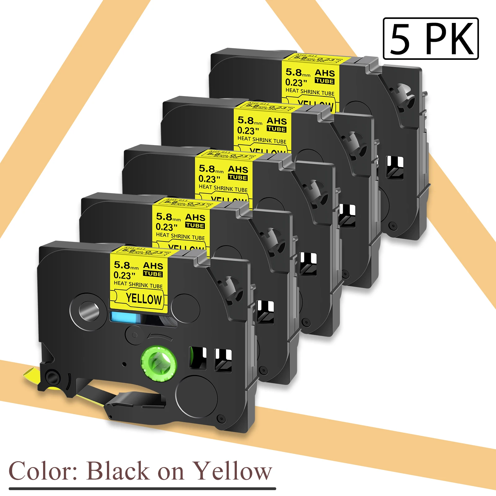 

5PK Heat Shrink Tubes 5.8mm Compatible Brother Hse-611 Label Tape Black on Yellow Cartridge Cassette For P-Touch Label Printer