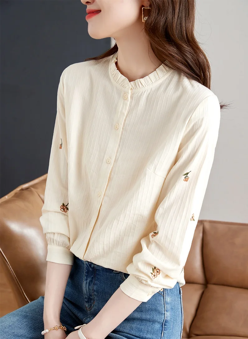 2023 Spring and Autumn Wooden Ear Edge Standing Neck Shirt Women's Design Sense Small Flower Embroidery Long Sleeve Top