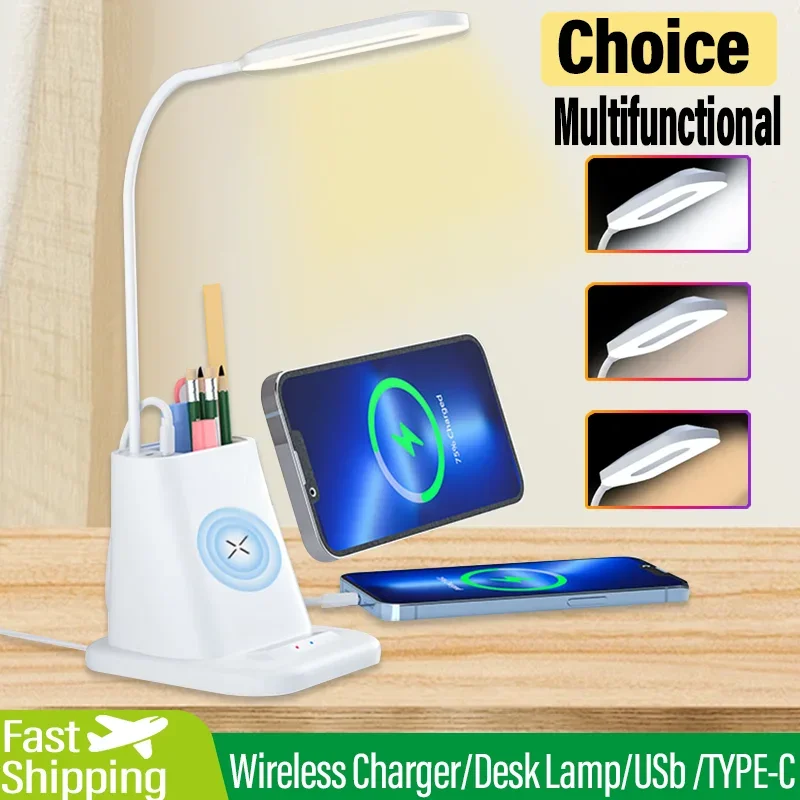 3 In 1 Wireless Charger Stand LED Desk Table Reading Lamp Night Light For Study PD USB Fast Charging Station for iPhone Samsung