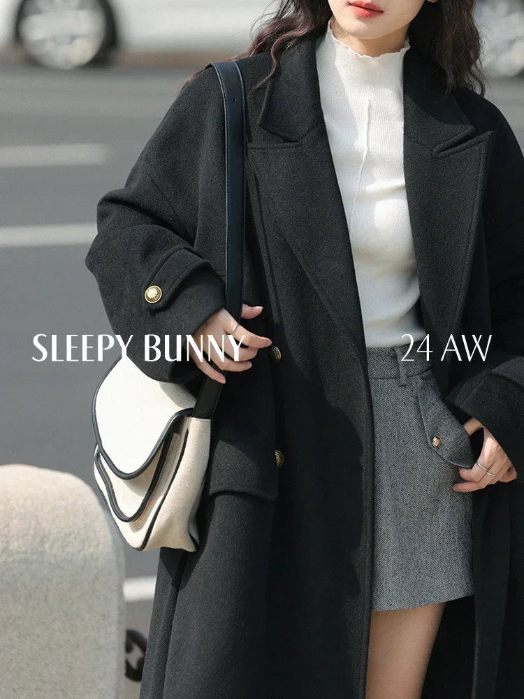 Retro Closure Collar Wool-like Coat Women Black Long Overcoat Elegant Casual Autumn Winter Fashion Chic Outerwear 2025 Trendy